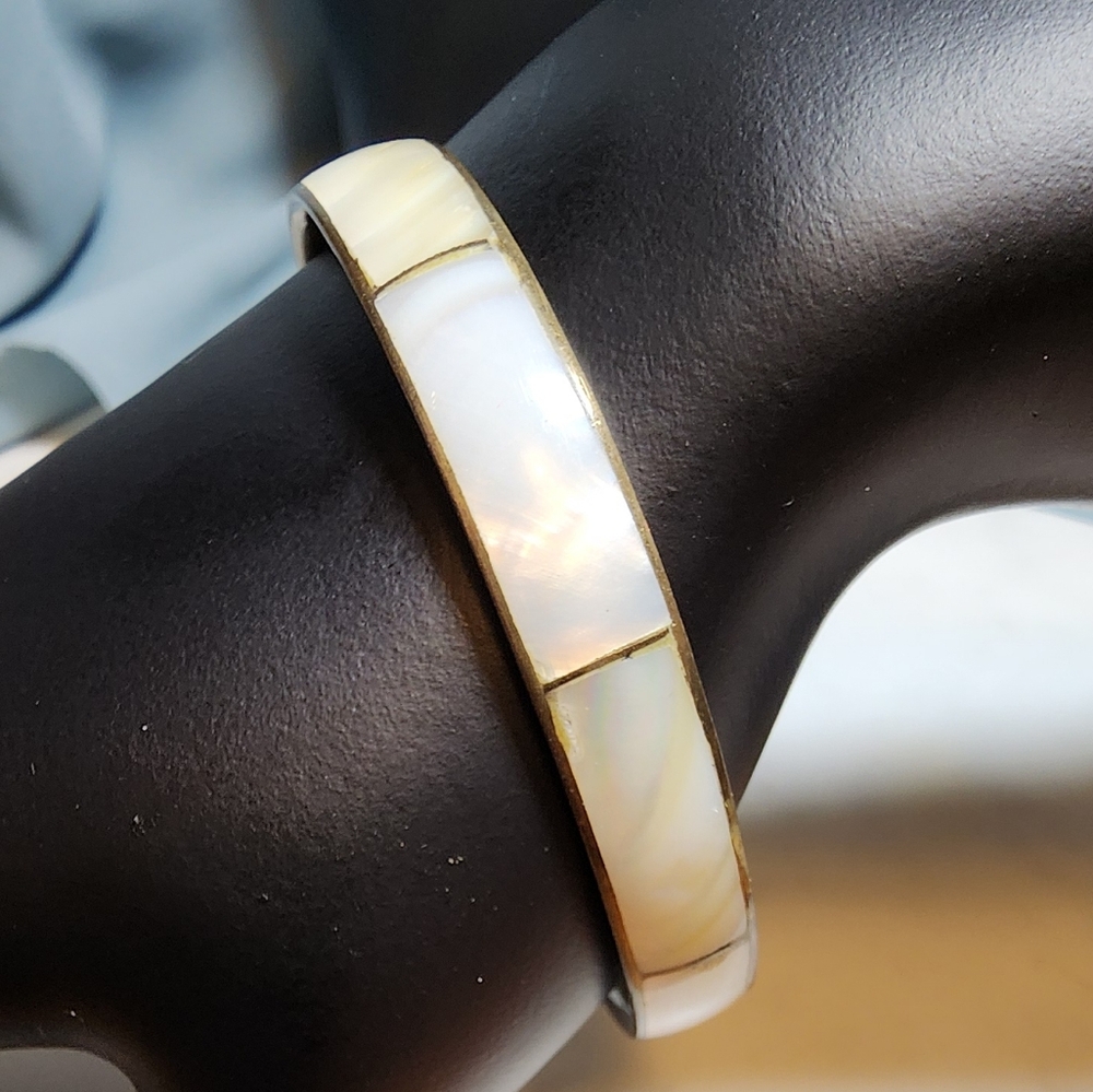 Vintage Brass & Mother of Pearl Inlay Bangle Bracelet
